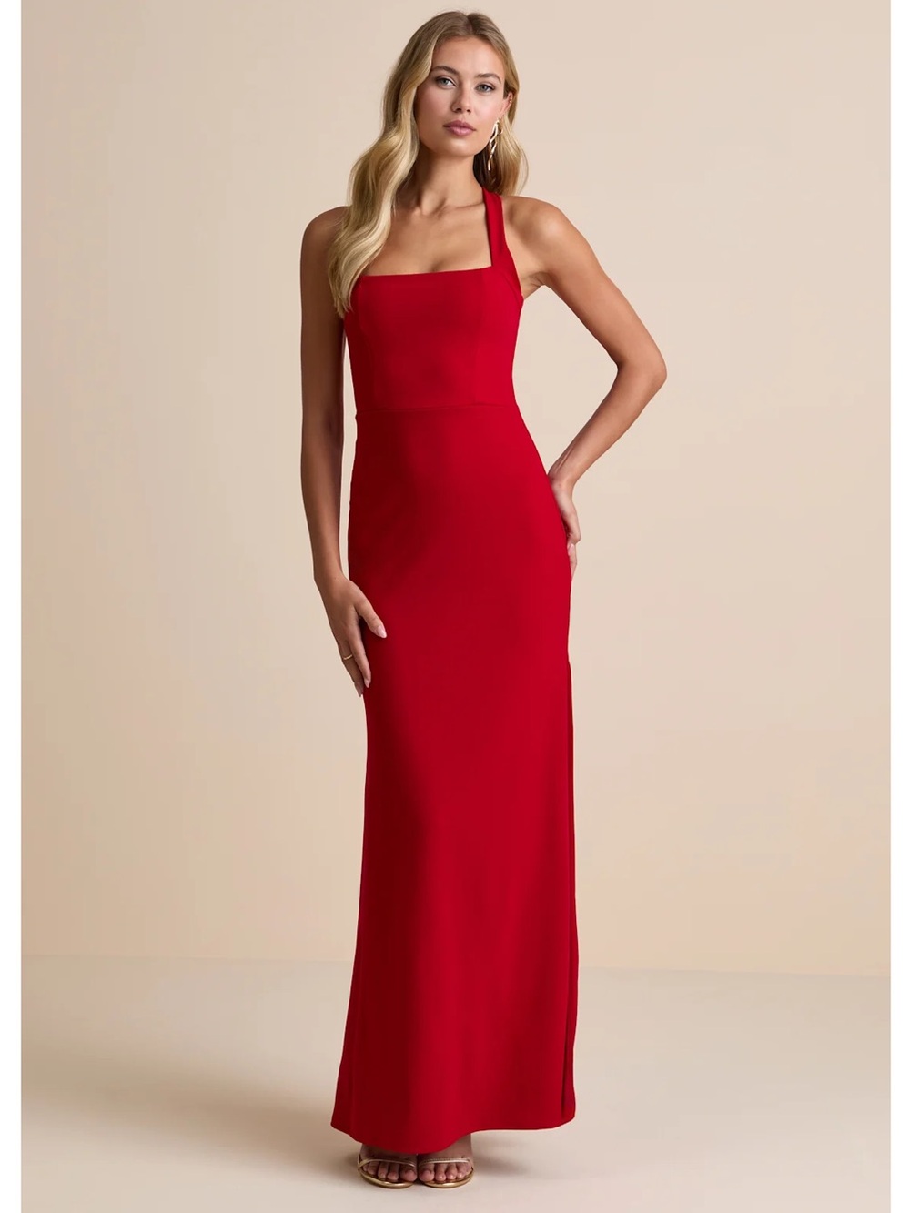 Lulus Perfectly Demure Red Backless Column Square-Neck Crepe Knit Maxi Dress